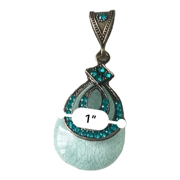 Vintage retro bohemian style turquoise rhinestones oval emerald pendant Women - Picture 8 of 10